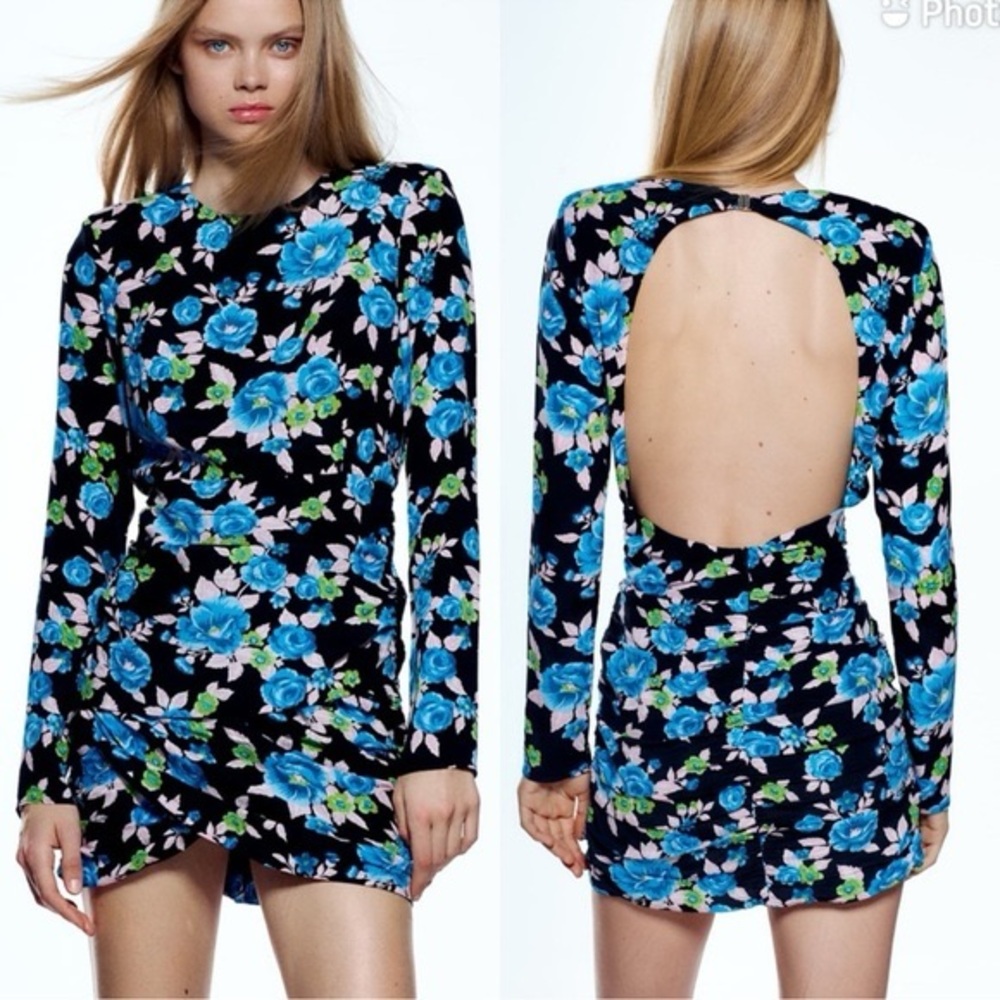 NWT ZARA Black Blue Roses Floral Long Sleeve Open Back Mini Dress Size Large